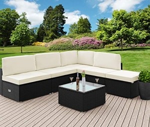 Casaria Polyrattan Lounge Set XL mit Auflagen Kissen Tisch Glasplatte Kombinierbar Gartenmöbel Ecklounge Schwarz Creme - 2