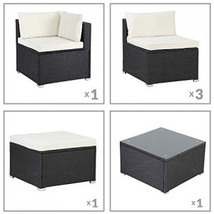 Casaria Polyrattan Lounge Set XL mit Auflagen Kissen Tisch Glasplatte Kombinierbar Gartenmöbel Ecklounge Schwarz Creme - 7