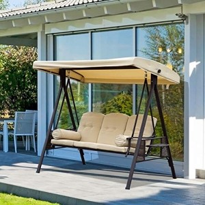 Outsunny 3-Sitzer Hollywoodschaukel Gartenschaukel mit Sonnendach + Kissen Metall + Polyester Beige + Braun 124,5 x 206 x 180 cm - 2