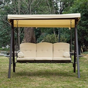 Outsunny 3-Sitzer Hollywoodschaukel Gartenschaukel mit Sonnendach + Kissen Metall + Polyester Beige + Braun 124,5 x 206 x 180 cm - 6