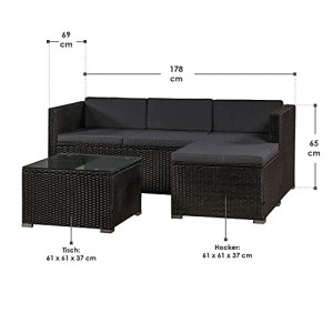 Polyrattan Lounge Punta Cana M schwarz – Gartenlounge Set für 3-4 Personen – Gartenmöbel-Set mit Sofa, Tisch und Hocker - Sitzbezüge in Dunkelgrau - 2