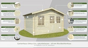 Gartenhaus Ulmus U22 naturbelassen - 28 mm Blockbohlenhaus, Grundfläche: 10,20 m², Satteldach - 2