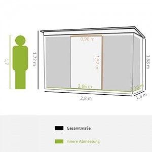 Outsunny Gerätehaus, Gartenhaus, Geräteschuppen mit Schiebetür, Lüftungsfenster, Pultdach, Outdoor, Stahl, Dunkelgrün, 280 x 130 x 172 cm - 3