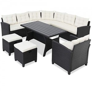 Casaria Poly Rattan Sitzgruppe Porto WPC Esstisch Auflagen Kissen Wetterfest Outdoor Sitzgarnitur Ecklounge Gartenmöbel - 1