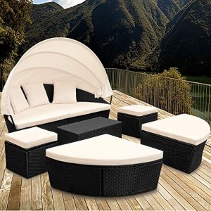 Casaria Poly Rattan XXL Sonneninsel 226cm Faltbares Dach 7cm Auflagen 3 Kissen Outdoor Gartenliege Gartenmöbel Set Schwarz - 2