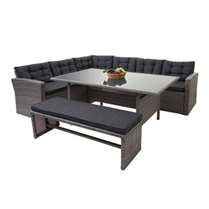 Mendler Poly-Rattan-Garnitur HWC-A29, Gartengarnitur Sitzgruppe Lounge-Esstisch-Set Sofa - grau, Kissen grau + Bank - 2