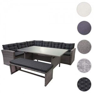 Mendler Poly-Rattan-Garnitur HWC-A29, Gartengarnitur Sitzgruppe Lounge-Esstisch-Set Sofa - grau, Kissen grau + Bank - 9