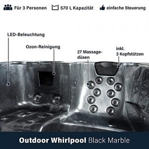 HOME DELUXE - Outdoor Whirlpool - BLACK MARBLE PLUS Treppe und Thermoabdeckung - Maße 210 x 160 x 85 cm - Inkl. Heizung, 27 Massagedüsen und 9 Lichtquellen | Jacuzzi Außen Whirlpool Spa für 3 Personen - 2